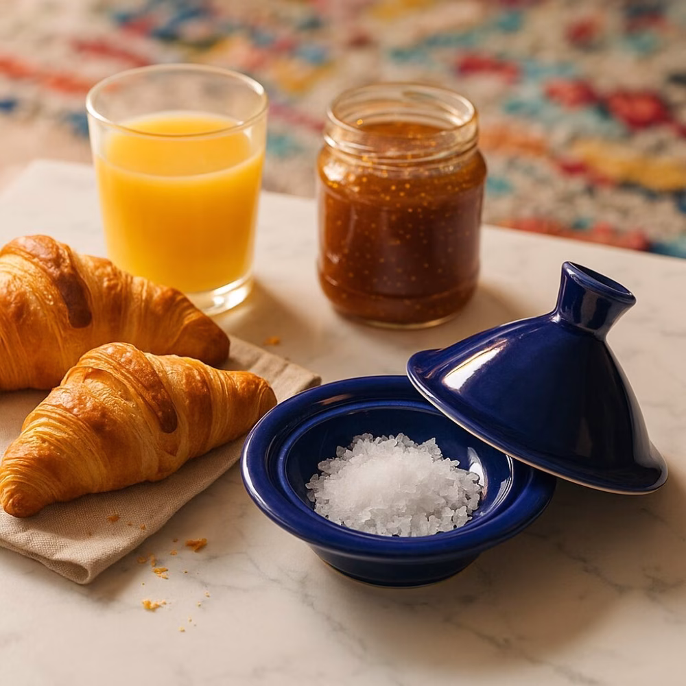Deep-blue mini tagine used as a salt cellar, styled with croissants, fig jam, and orange juice on a marble counter.