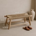 Handwoven straw bench dimensions 110cm x 40cm x 35cm with leather slippers and vase styling