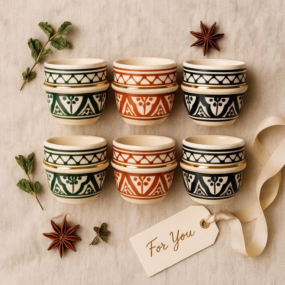 Flat-lay of six assorted espresso cups on natural linen, surrounded by mint sprigs, star anise, and a ribbon-tied gift tag reading “For You.”