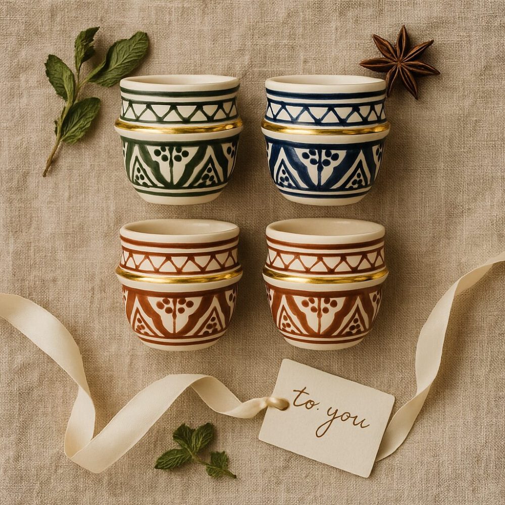 Four espresso cups—green, navy, terracotta, ivory—neatly stacked on linen, accented with herbs, star anise, and a ribbon tag that says “to you.”