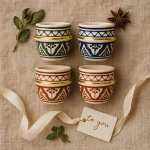Four espresso cups—green, navy, terracotta, ivory—neatly stacked on linen, accented with herbs, star anise, and a ribbon tag that says “to you.”