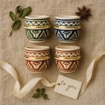 Four espresso cups—green, navy, terracotta, ivory—neatly stacked on linen, accented with herbs, star anise, and a ribbon tag that says “to you.”