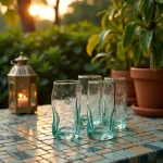 Pair of recycled glass tea tumblers on mosaic table with lantern and plants in outdoor garden setting