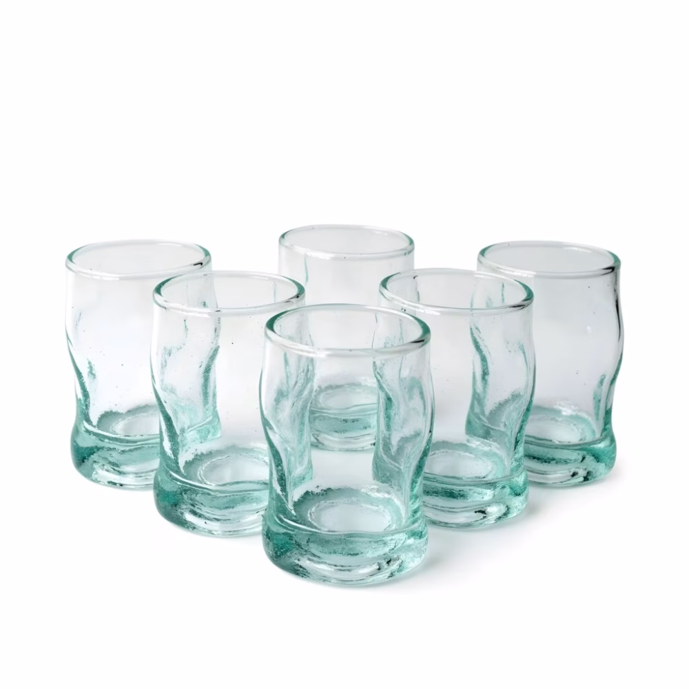 Full set of six hand-blown Recycled Glass Tea Glasses arranged in two rows on white.