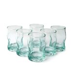 Full set of six hand-blown Recycled Glass Tea Glasses arranged in two rows on white.