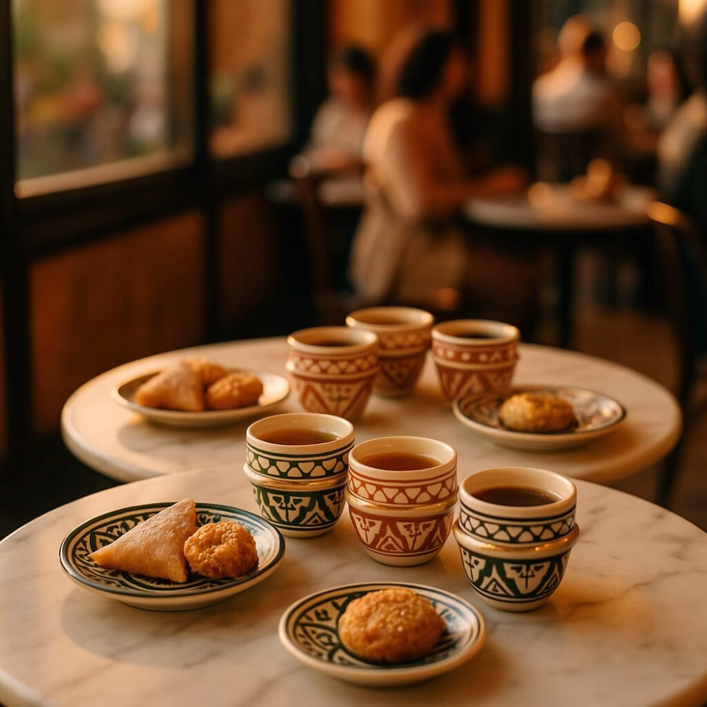 Golden-hour café scene showing green and terracotta espresso cups filled with coffee alongside Moroccan pastries on small marble tables.
