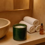 Green Tamegroute pottery candle beside rolled spa towels and argan oil in a marble bathroom.