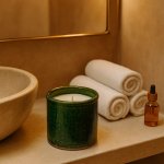 Luxury green ceramic candle holder displayed on bathroom shelf with spa towels and essential oil