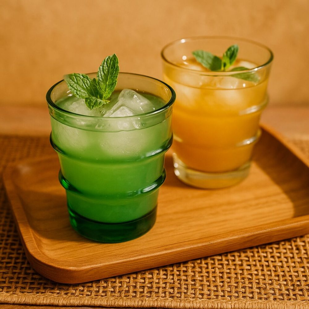 Green and clear glass tumblers filled with iced drinks on wooden tray.