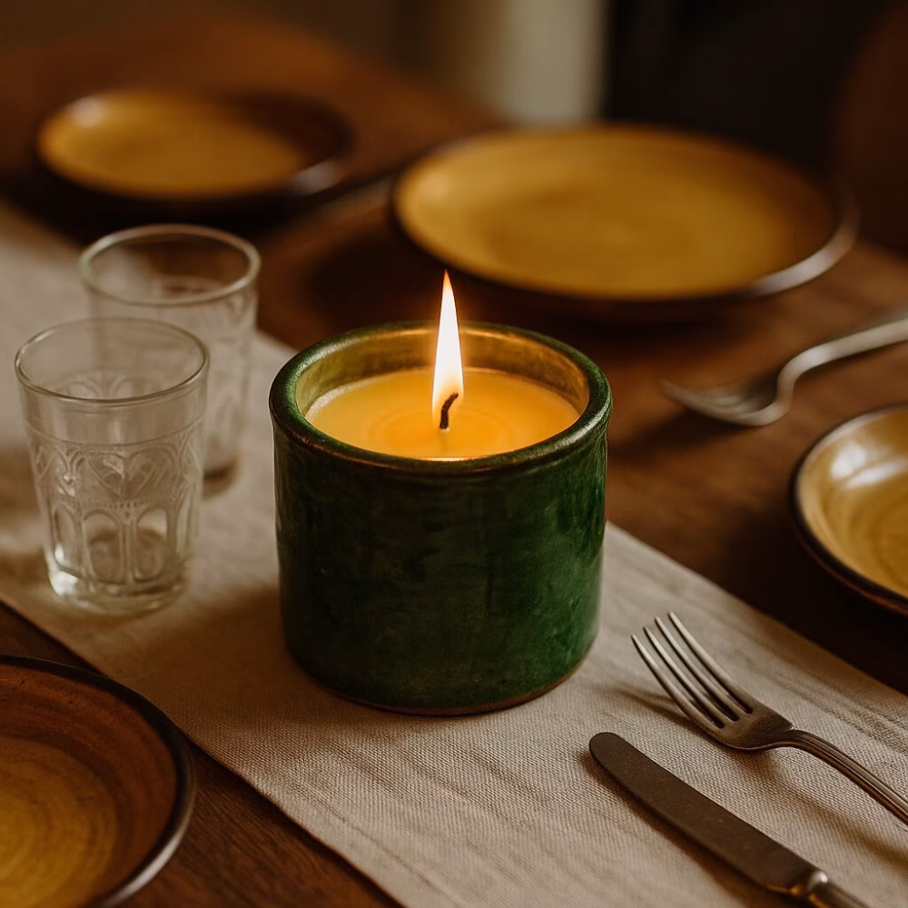 Green pottery candle glowing at the center of a rustic dining setting with Moroccan glassware.