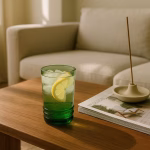 Green recycled drinking glass with lemon slice and ice on wooden coffee table