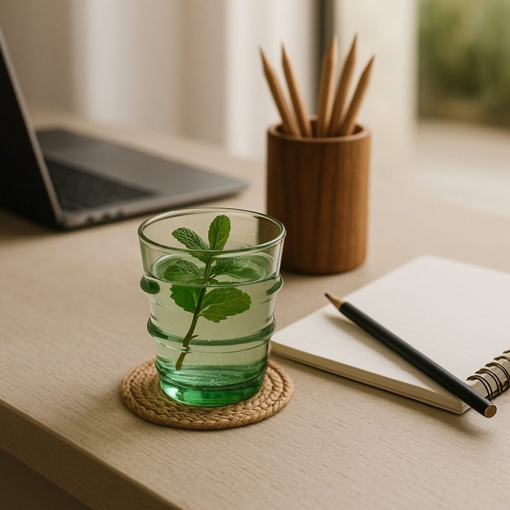 Green tumbler of mint water on woven coaster at desk beside laptop.