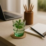 Green tumbler of mint water on woven coaster at desk beside laptop.