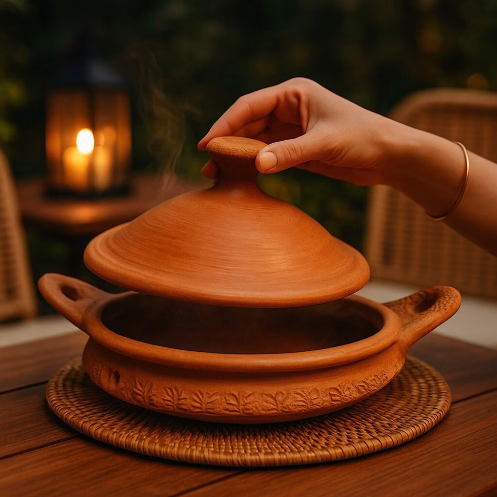 Hand lifting the steam-filled lid of Moroccan tagine pottery at an outdoor dinner table.