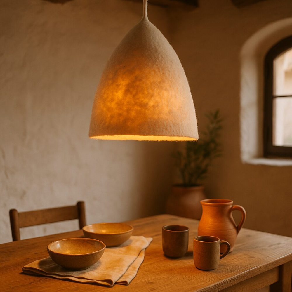 Handmade wool lamp glowing above a rustic wooden breakfast table set with ceramic bowls in a Moroccan farmhouse.