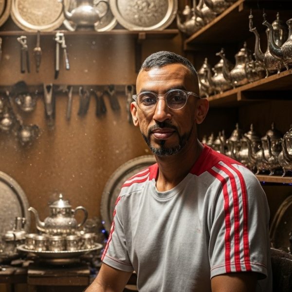 Kamal, a Moroccan silver-plated crafts artisan, looking confidently in front of shelves filled with traditional teapots and trays.