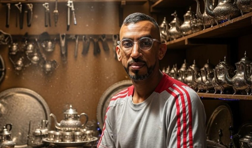 Kamal, a Moroccan silver-plated crafts artisan, looking confidently in front of shelves filled with traditional teapots and trays.