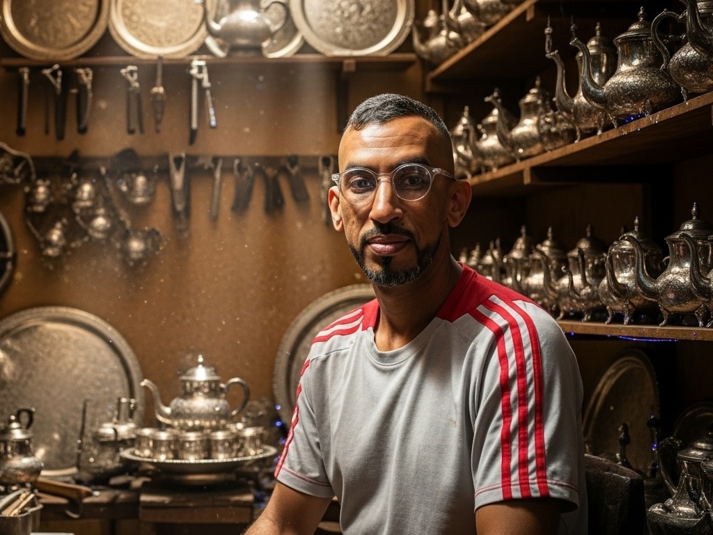 Kamal, a Moroccan silver-plated crafts artisan, looking confidently in front of shelves filled with traditional teapots and trays.