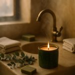 Handcrafted green ceramic candle burning in modern bathroom setting with eucalyptus and white towels