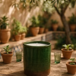 Medium green pottery candle on a courtyard table surrounded by terracotta planters and olive trees.