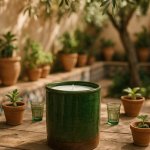 Moroccan ceramic candle in green glaze on outdoor dining table with natural terracotta pots
