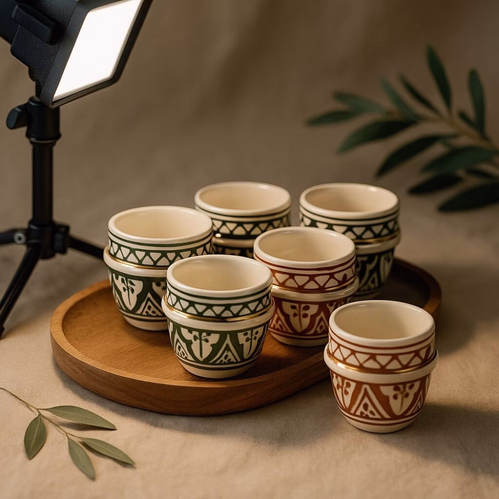 Mood-lit tabletop scene six green and terracotta espresso cups on a wooden tray under a photography light with olive branches in the background.