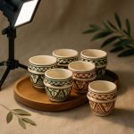 Mood-lit tabletop scene six green and terracotta espresso cups on a wooden tray under a photography light with olive branches in the background.