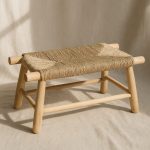 Moroccan straw bench with braided palm leaf seat and lemon wood frame