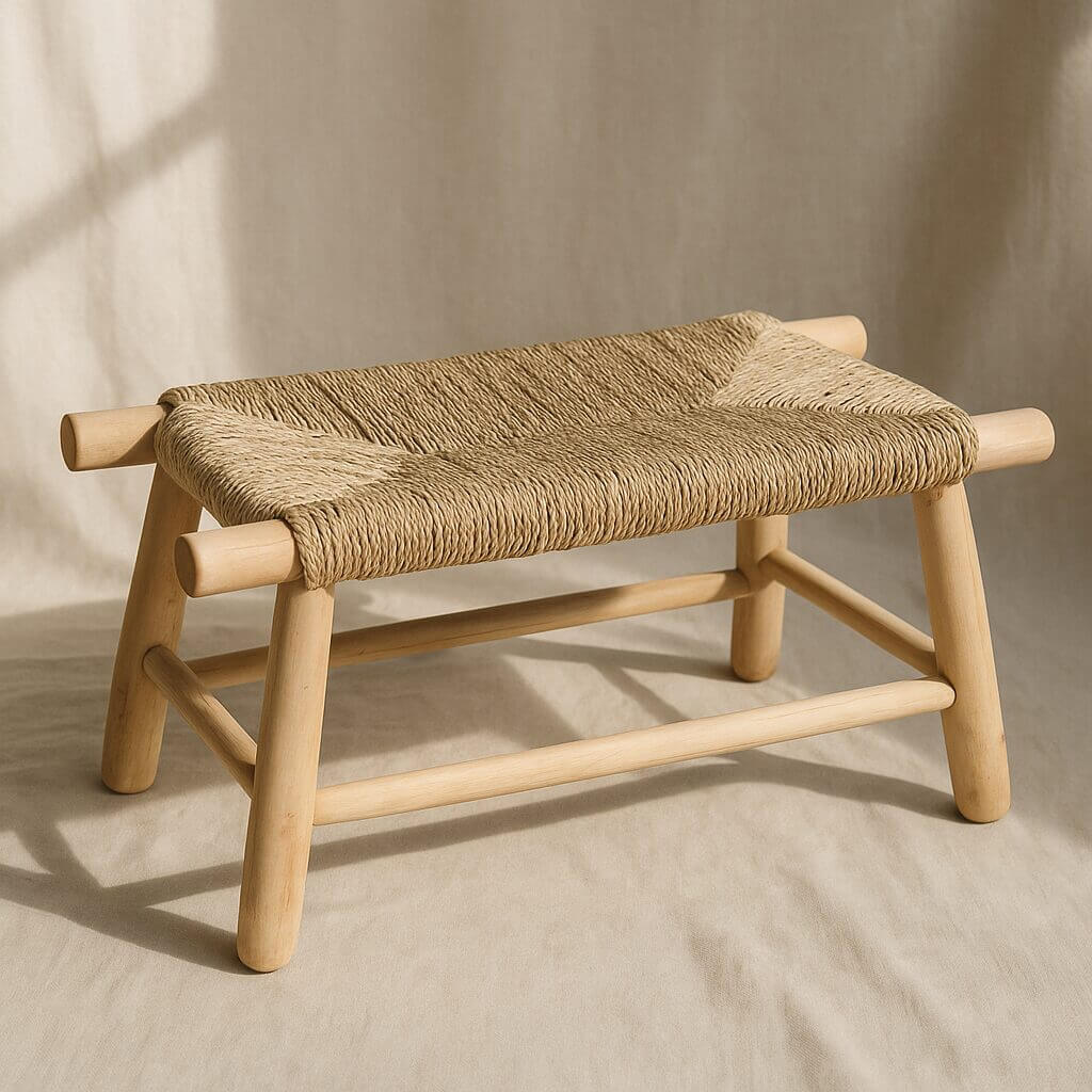 Moroccan straw bench with braided palm leaf seat and lemon wood frame (2) Handwoven straw bench with natural palm leaf seat and light wood frame on neutral background