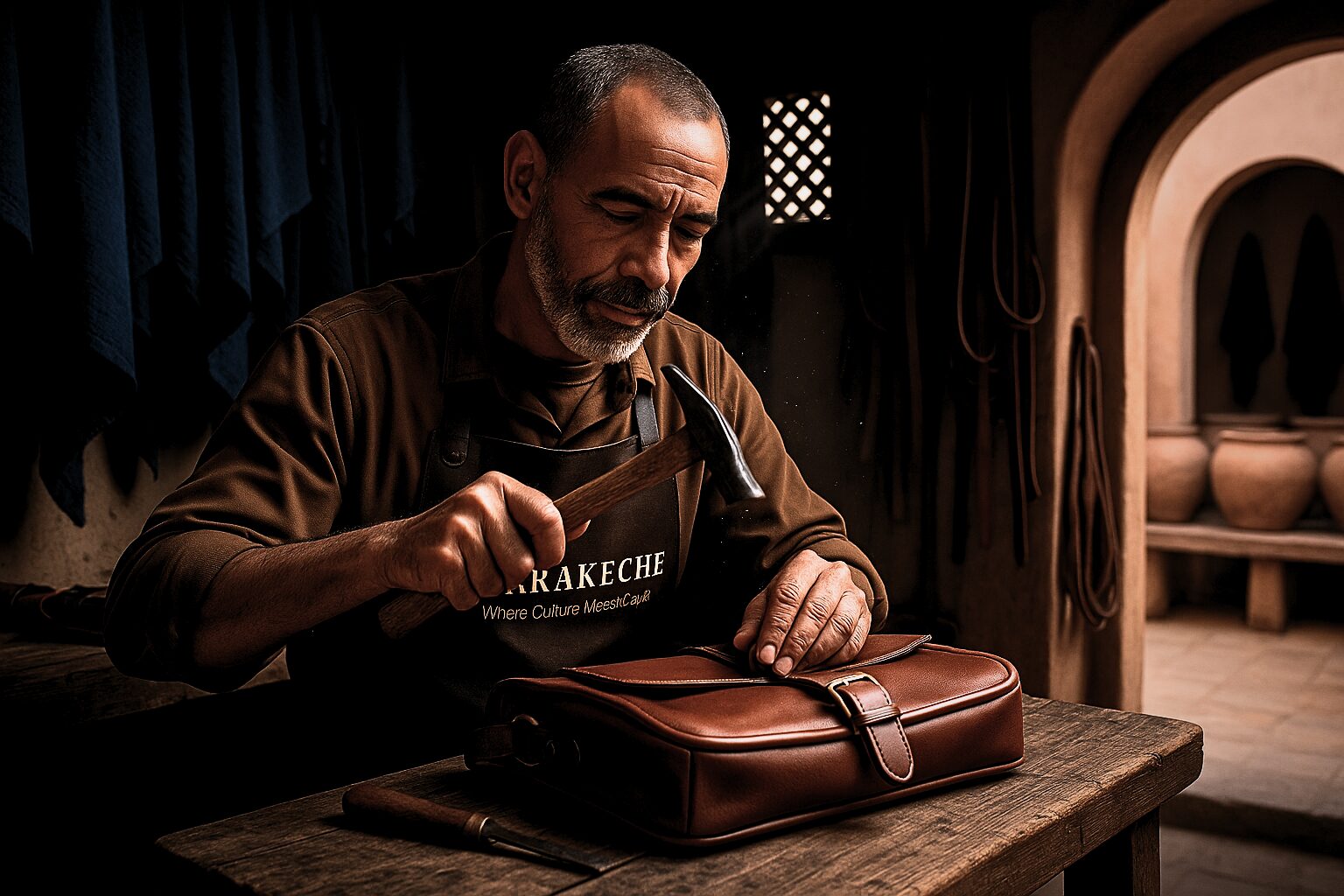 Marrakech leather artisan Omar setting a brass rivet into a hand-tooled satchel at his cedar workbench, sunlit tannery workshop.