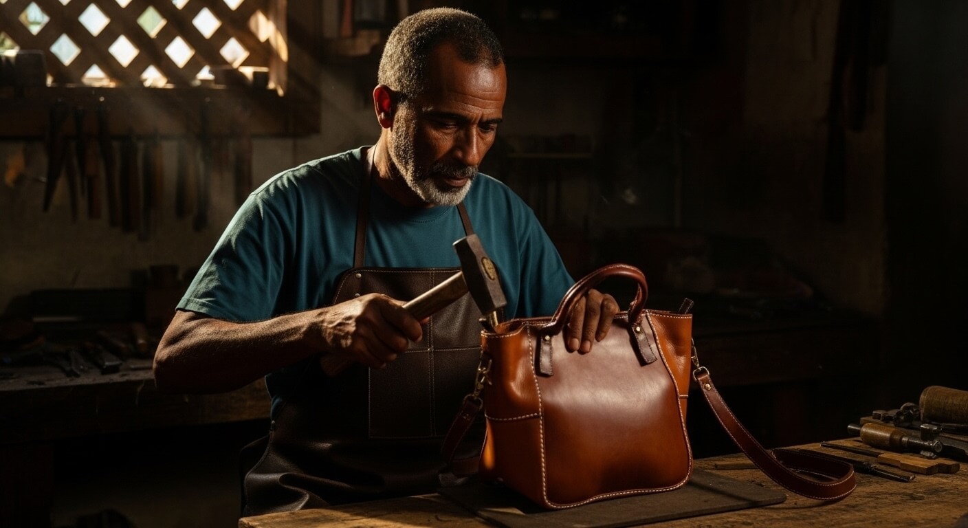 Marrakech leather artisan Omar setting a brass rivet into a hand-tooled satchel at his cedar workbench, sunlit tannery workshop.