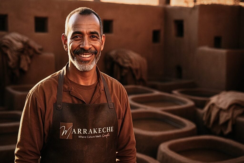 Omar the leather artisan standing beside terracotta vats, warm sun-beam, proud smile