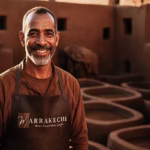 Omar the leather artisan standing beside terracotta vats, warm sun-beam, proud smile