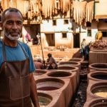 Omar the leather artisan standing beside terracotta vats, warm sun-beam, proud smile