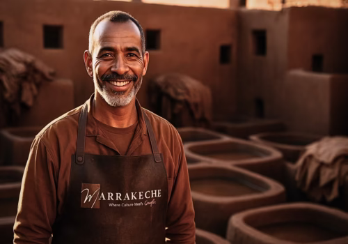 Omar the leather artisan standing beside terracotta vats, warm sun-beam, proud smile