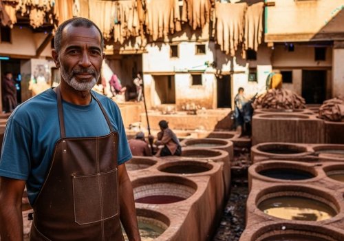 Omar the leather artisan standing beside terracotta vats, warm sun-beam, proud smile