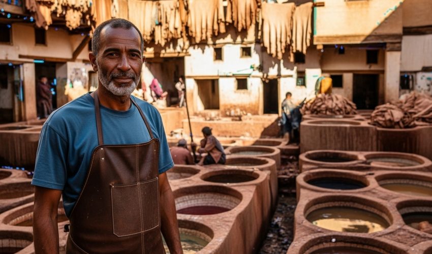 Omar the leather artisan standing beside terracotta vats, warm sun-beam, proud smile