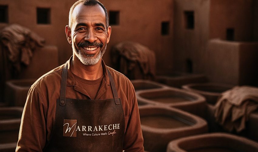 Omar the leather artisan standing beside terracotta vats, warm sun-beam, proud smile