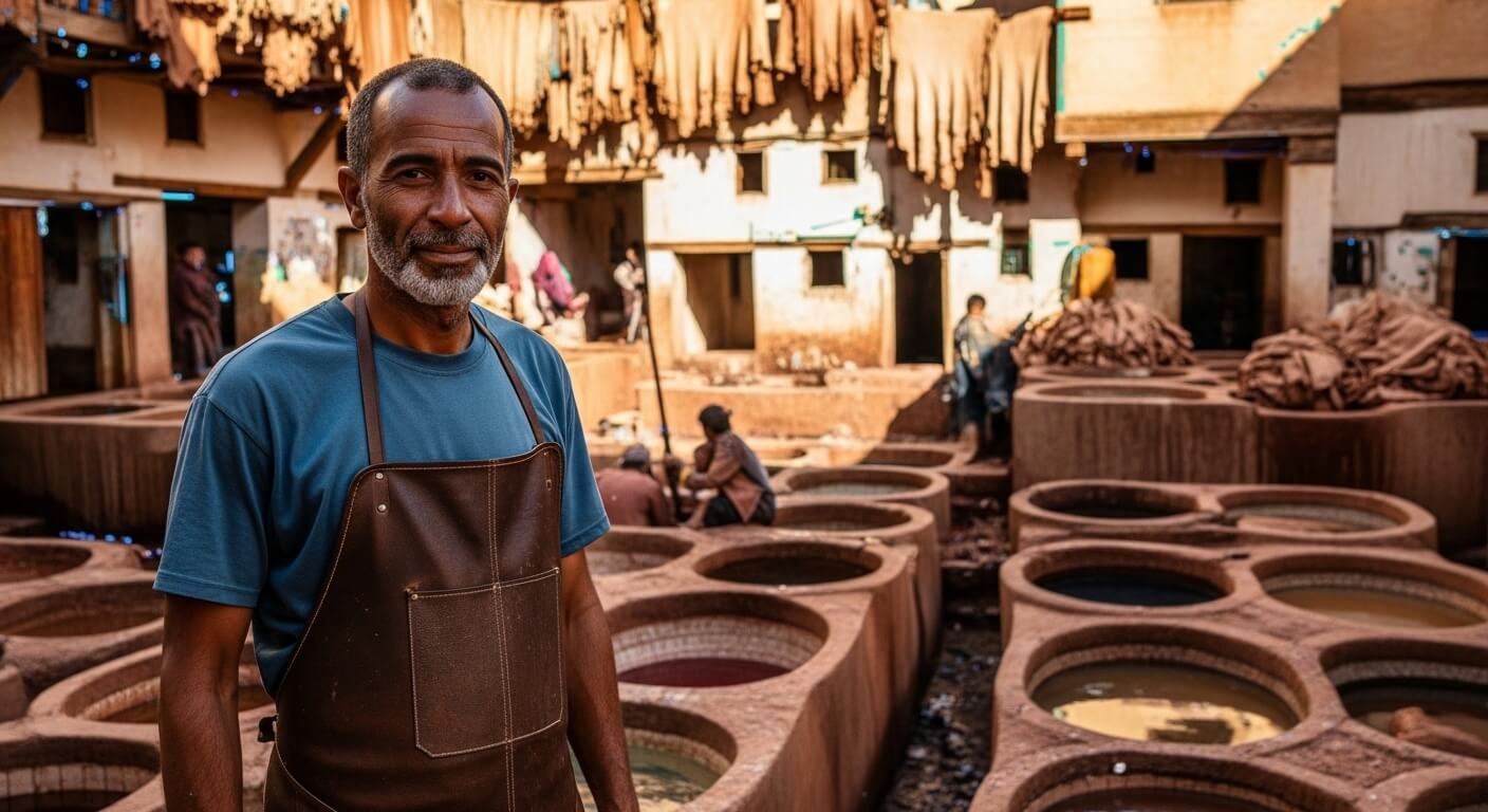 Omar the leather artisan standing beside terracotta vats, warm sun-beam, proud smile