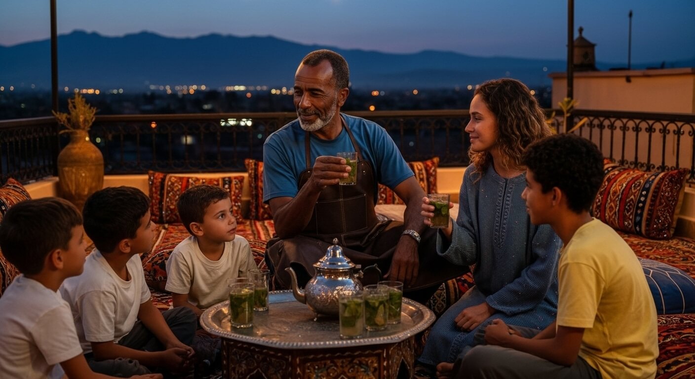Family sipping mint tea on medina roof at blue hour