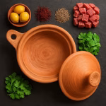 Open 12-inch clay tagine surrounded by lemons, saffron, cumin, lamb cubes, and fresh coriander.