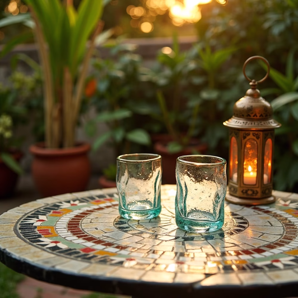 Pair of aqua-green Beldi tea glasses on a colorful mosaic table beside a lit brass lantern at sunset.