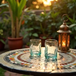Pair of aqua-green Beldi tea glasses on a colorful mosaic table beside a lit brass lantern at sunset.