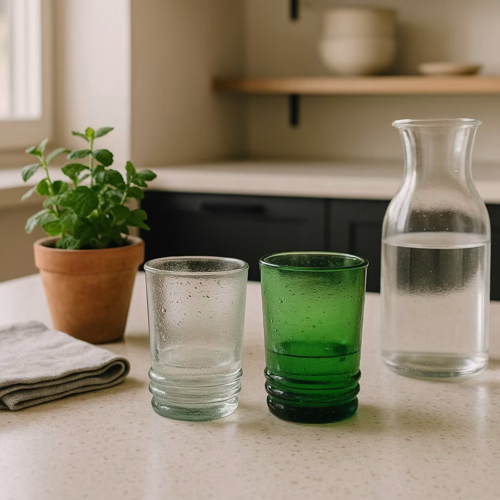 Pair of clear and emerald Moroccan drinking glasses next to carafe in minimalist kitchen.
