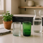 Pair of clear and emerald Moroccan drinking glasses next to carafe in minimalist kitchen.
