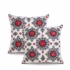 Pair of square Moroccan embroidered pillowcases with red and charcoal floral medallions on ivory cotton.