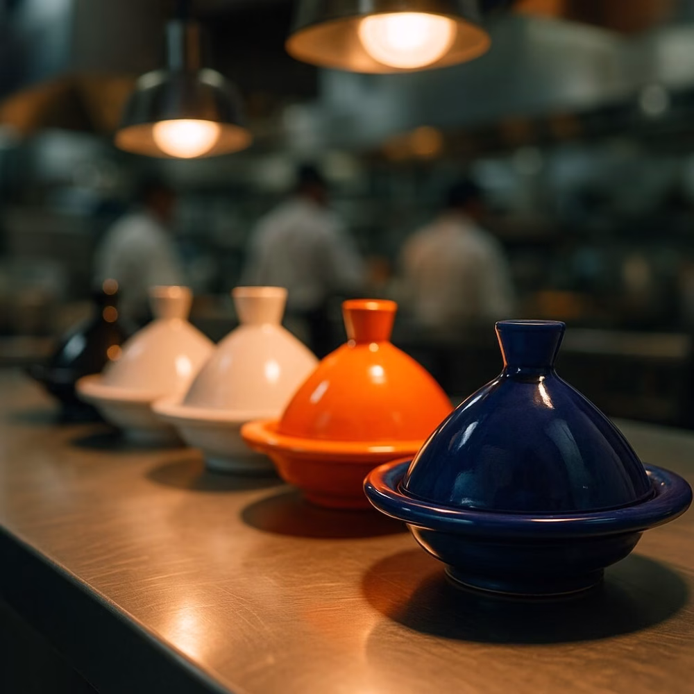 Restaurant pass showing chefs in the background and a row of colourful mini tagines under warm pendant lights.