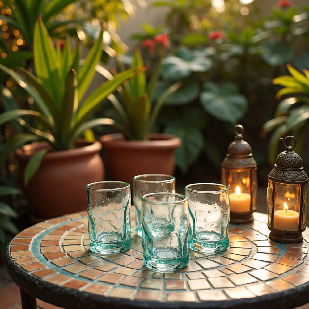 Set of five Moroccan tea glasses encircled by glowing lanterns and lush potted plants.