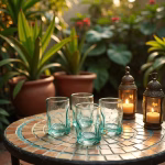 Set of five Moroccan tea glasses encircled by glowing lanterns and lush potted plants.