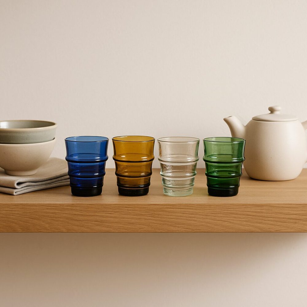 Shelf display of blue, amber, clear, and green glass tumblers beside ceramic teapot.